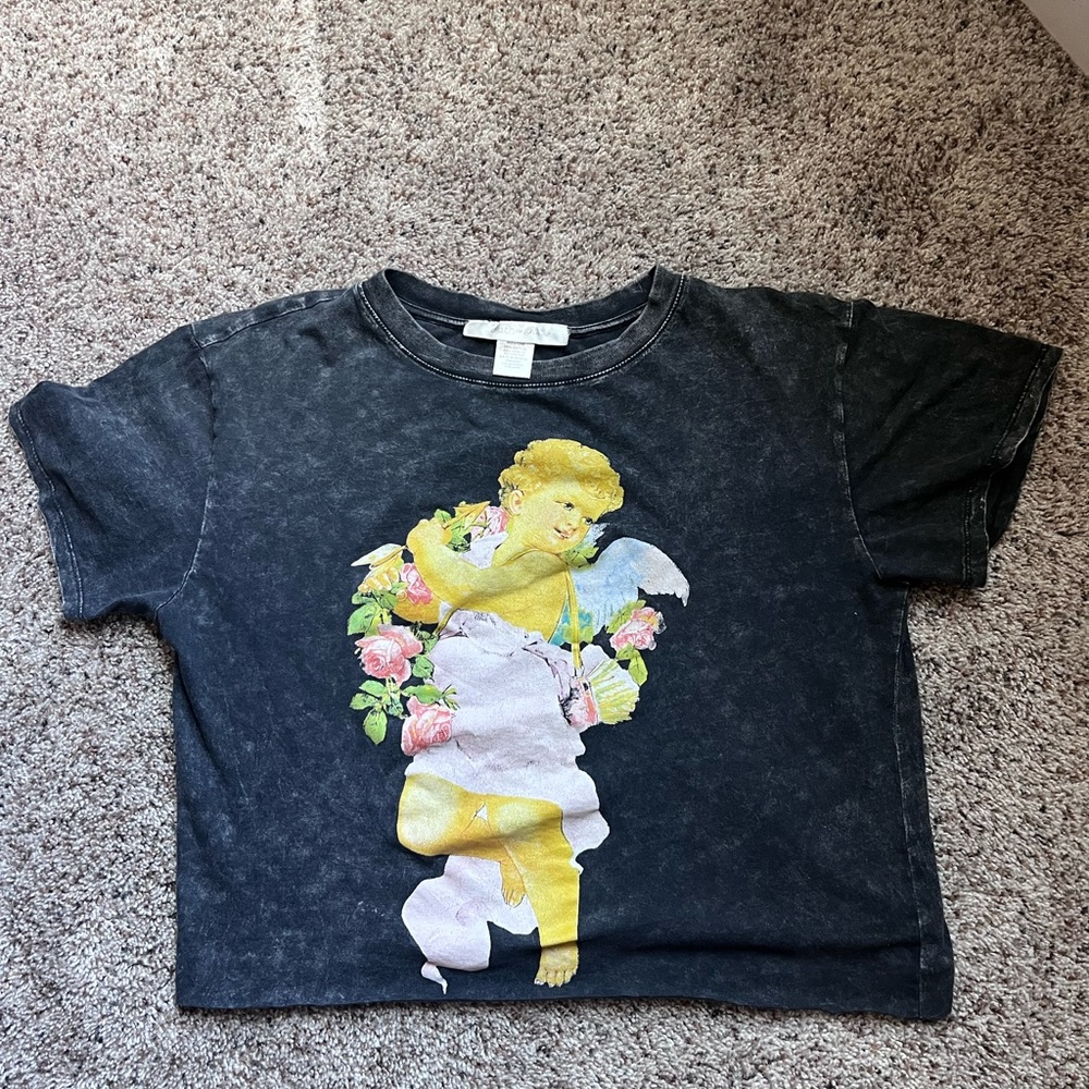 Youth In Revolt Cupid Angel Women's Black Crew Neck Short Sleeve Cropped Shirt